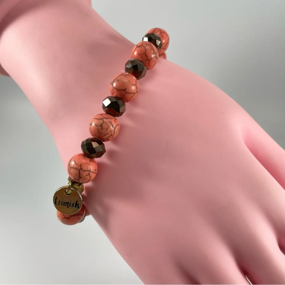 Erimish Coral Pink Crackle Round Brown Faceted Beaded Stretch Bracelet